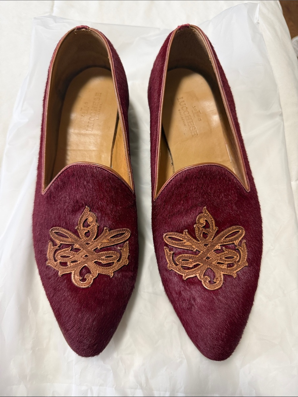 Lucchese Women's Burgundy Pointed Slip-On Flats with Leather Embroidered Motif